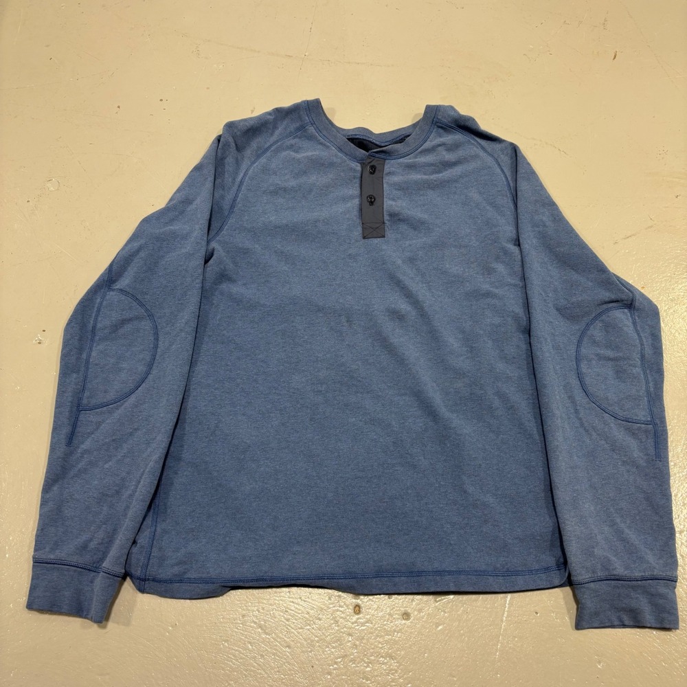 Lululemon Mens Long Sleeve Henley Shirt Blue Raglan Elbow Patch Size Medium